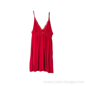 Women Nightgown Lace Modal Sleepwear V-Neck Full Slip Sleep Dress